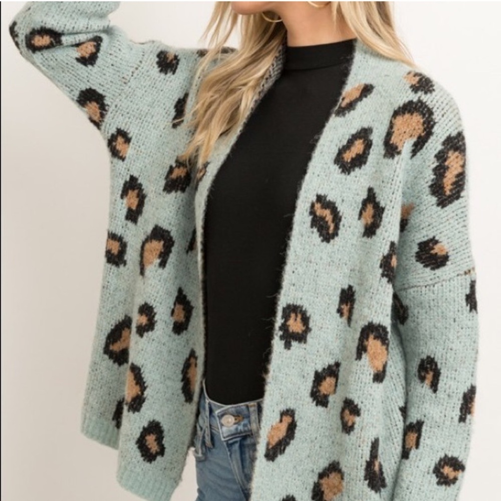 Angora Leopard Print Open Front Cardigan Sweater